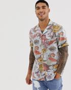 Asos Design Regular Fit Underwater Sequin Printed Shirt With Revere Collar-blue