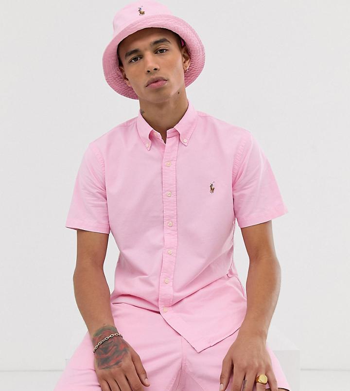 Polo Ralph Lauren Exclusive To Asos Short Sleeve Garment Dyed Oxford Shirt Slim Fit Multi Player Logo In Light Pink