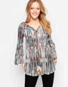 Qed London Festival Long Sleeve Top With Feather Tie - Turquoise