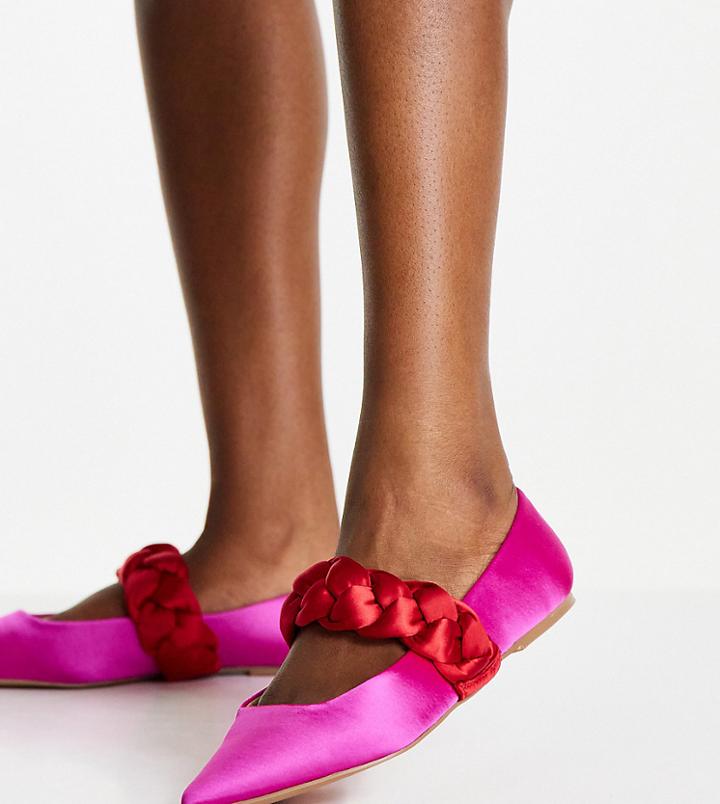 Asos Design Wide Fit Liberty Embellished Plaited Mary Jane Pointed Ballet Flats In Pink & Red Satin