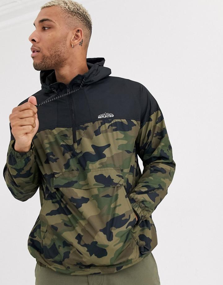 Bershka Overhead Windbreaker Jacket With Half Zip In Camo-green