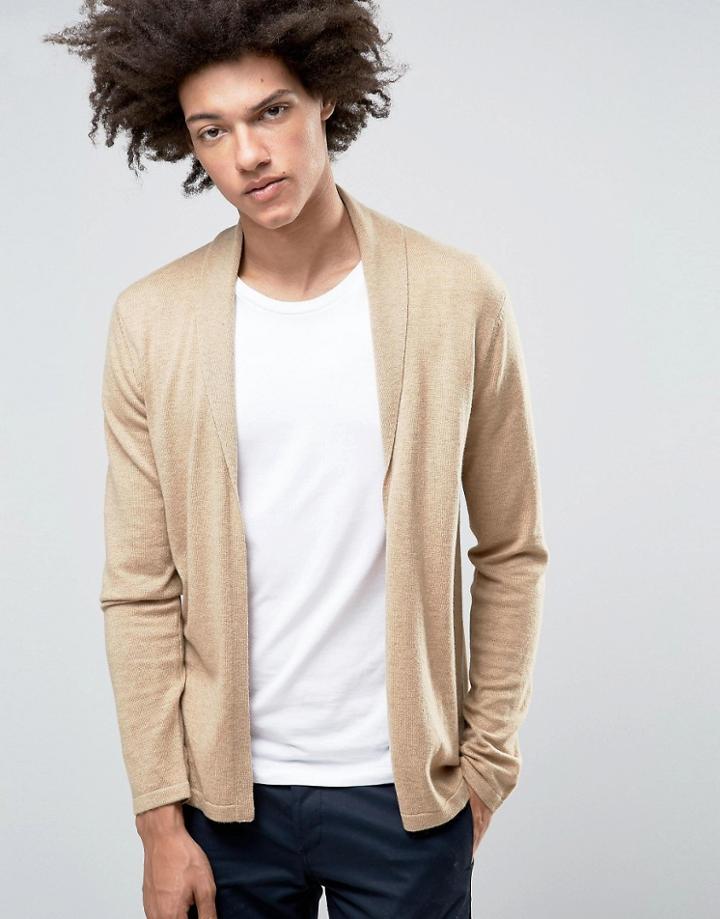 Asos Open Shawl Cardi In Merino Wool Mix - Beige