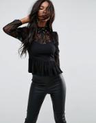 Asos Embellished Lace Top With Puff Sleeve - Black