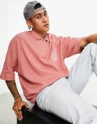 Asos Design Oversized Polo T-shirt In Pink Waffle With Chest Embroidery
