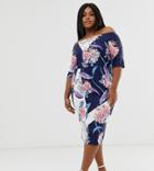 Little Mistress Plus All Over Floral Printed Layered Bardot Pencil Dress In Multi - Multi