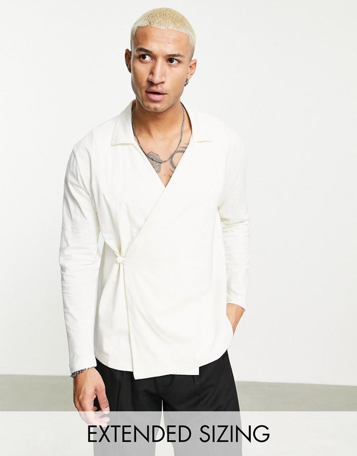 Asos Design Long Sleeve Relaxed Wrap Polo In Cream-white