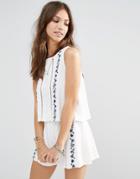 Young Bohemians Top With Lace Ladder Inserts And Floral Embroidery - White