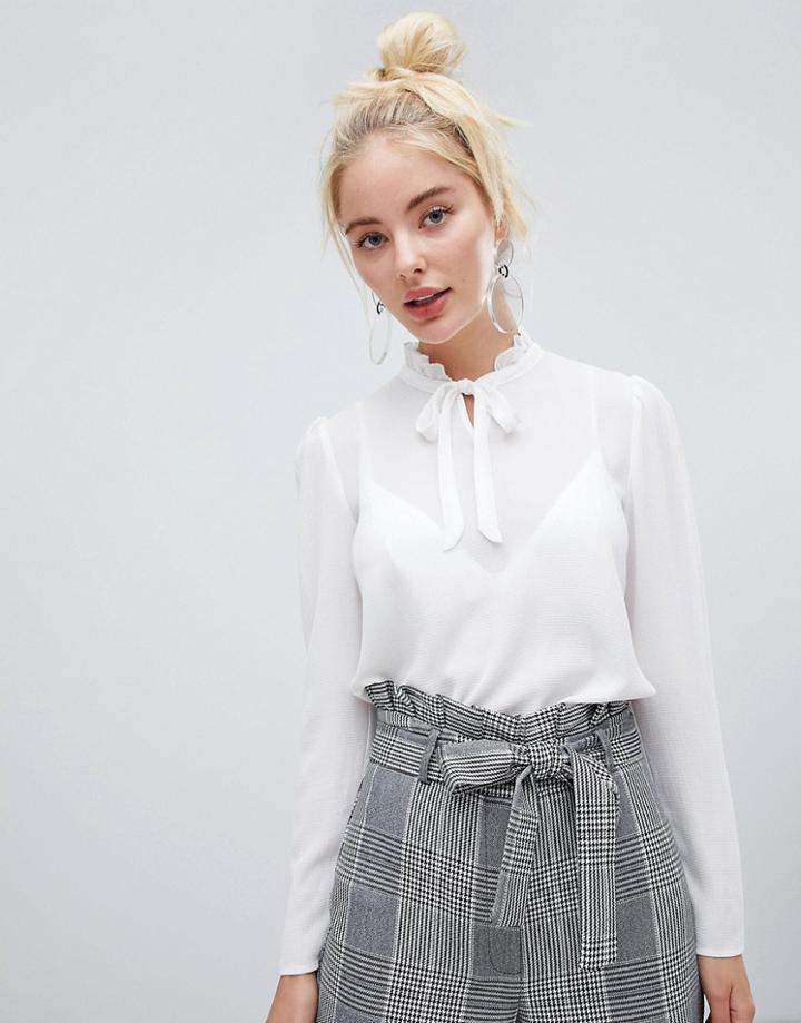 Fashion Union Long Sleeved Tie Neck Shirt - White