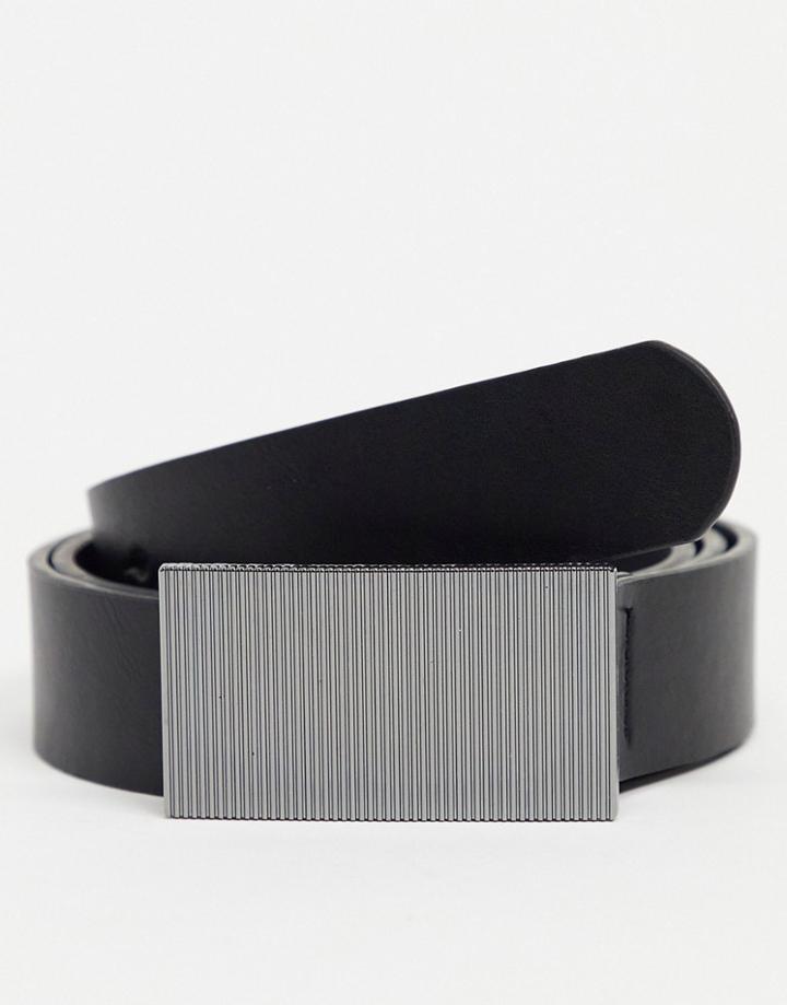 Asos Design Slim Belt In Black Faux Leather With Gunmetal Plate Buckle