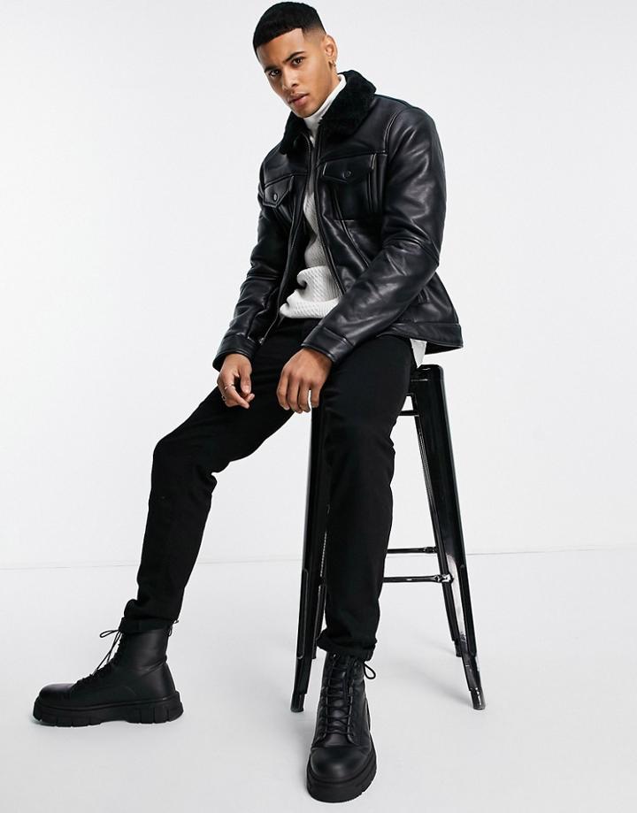 River Island Sherpa Lined Pu Western Jacket In Black