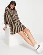 Asos Design Oversized Mini Ribbed T-shirt Dress In Camel And Black Stripe-neutral