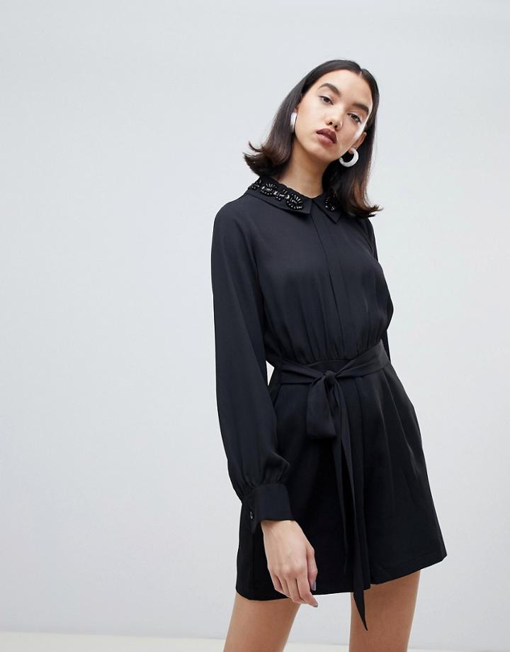 Lost Ink Button Up Romper With Belted Waist And Embellished Collar - Black