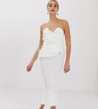 Asos Design Tall Premium Faux Feather Detail Peplum Midi Dress-white