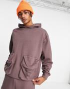 Asos Design Oversized Hoodie With Zip Pouch Pockets In Washed Brown - Part Of A Set