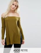 Asos Petite Off Shoulder Slouchy Top With Side Split - Green