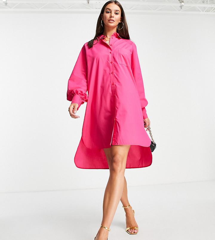 Asos Design Tall Cotton Poplin Oversized Boyfriend Mini Shirt Dress In Hot Pink