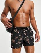 Asos Design Swim Shorts With Floral Print Short Length-black