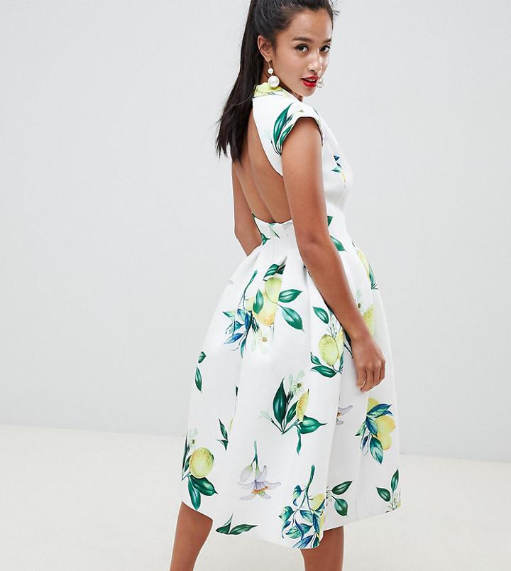 Asos Design Petite Scuba Seamed Open Back Midi Prom Dress In Lemon Print - Multi