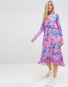 Asos Design Slinky Midi Dress With Choker Neck And Frill Details In Floral Print-multi
