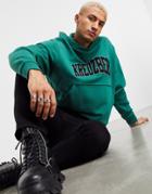 Asos Design Oversized Hoodie With Applique Vintage City Chest Print-green