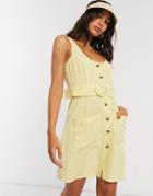 Asos Design Button Through Linen Mini Sundress With Self Covered Belt In Yellow