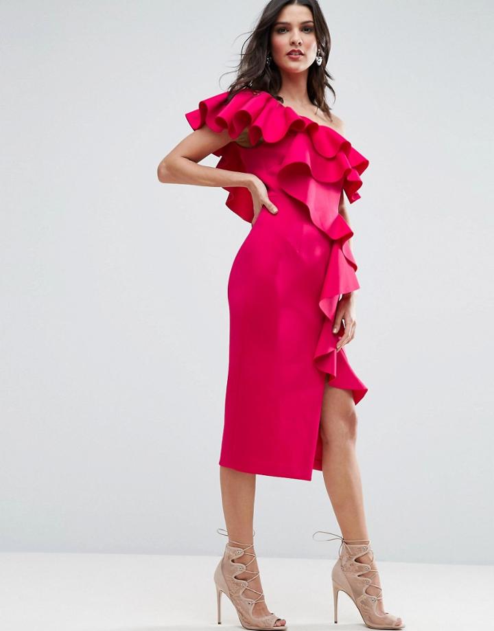 Asos Premium Ruffle One Shoulder Midi Dress - Pink
