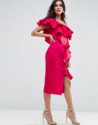 Asos Premium Ruffle One Shoulder Midi Dress - Pink
