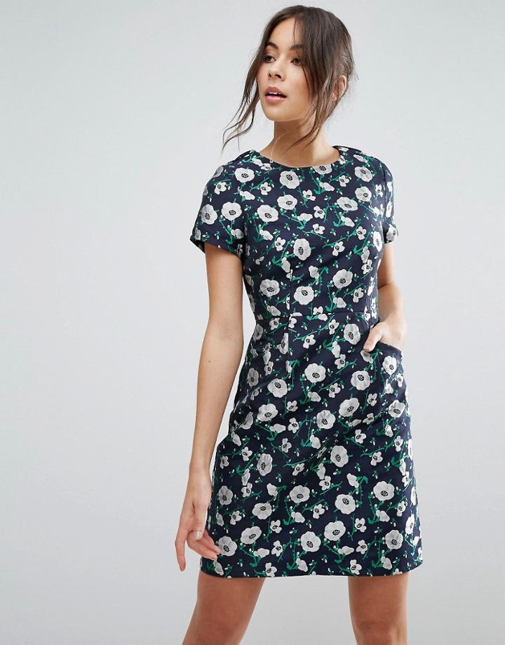 Uttam Boutique Jacquard A Line Dress In Floral Print - Navy