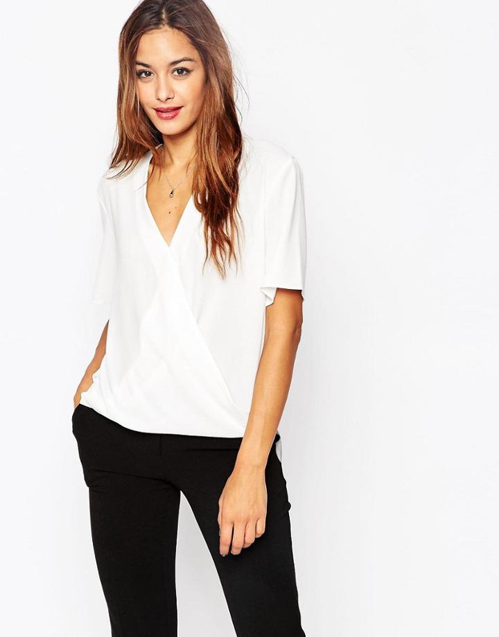 Asos Short Sleeve Drape Wrap Blouse - White