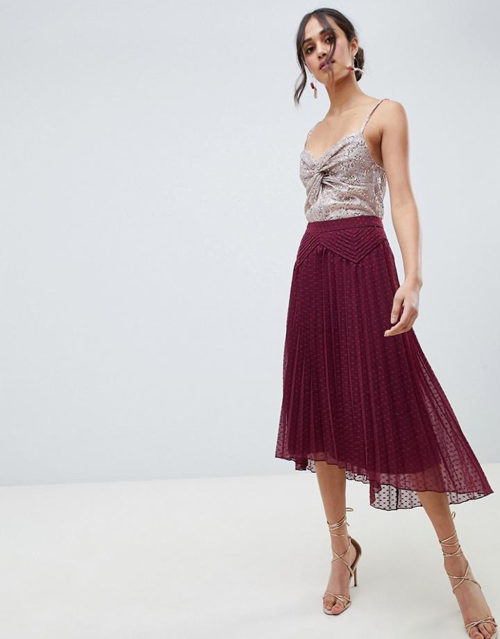 Asos Design Dobby Pleated High Low Midi Skirt With Pintuck Detail - Red