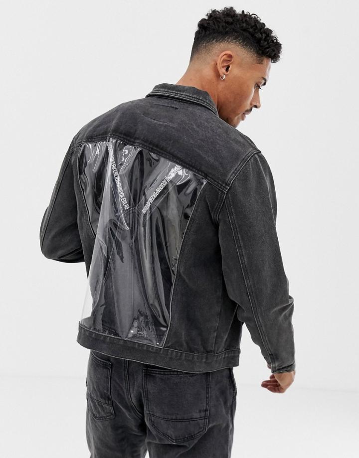 Liquor N Poker Denim Jacket With Vinyl Panels In Black - Black