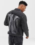 Liquor N Poker Denim Jacket With Vinyl Panels In Black - Black