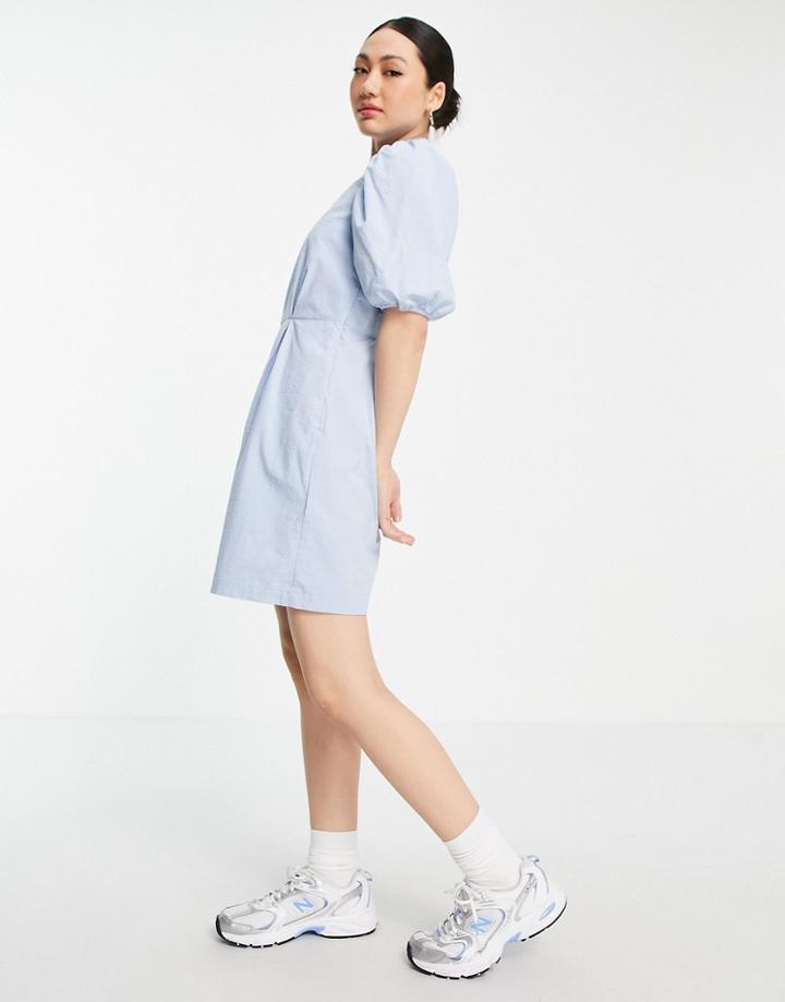 Vero Moda Aware Cotton Puff Sleeve High Neck Mini Dress In Blue-blues
