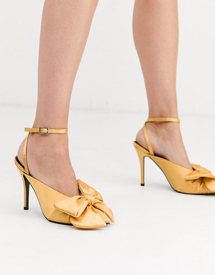 Asos Design Poetry Pointed High Heel Mules With Bow In Ochre Satin