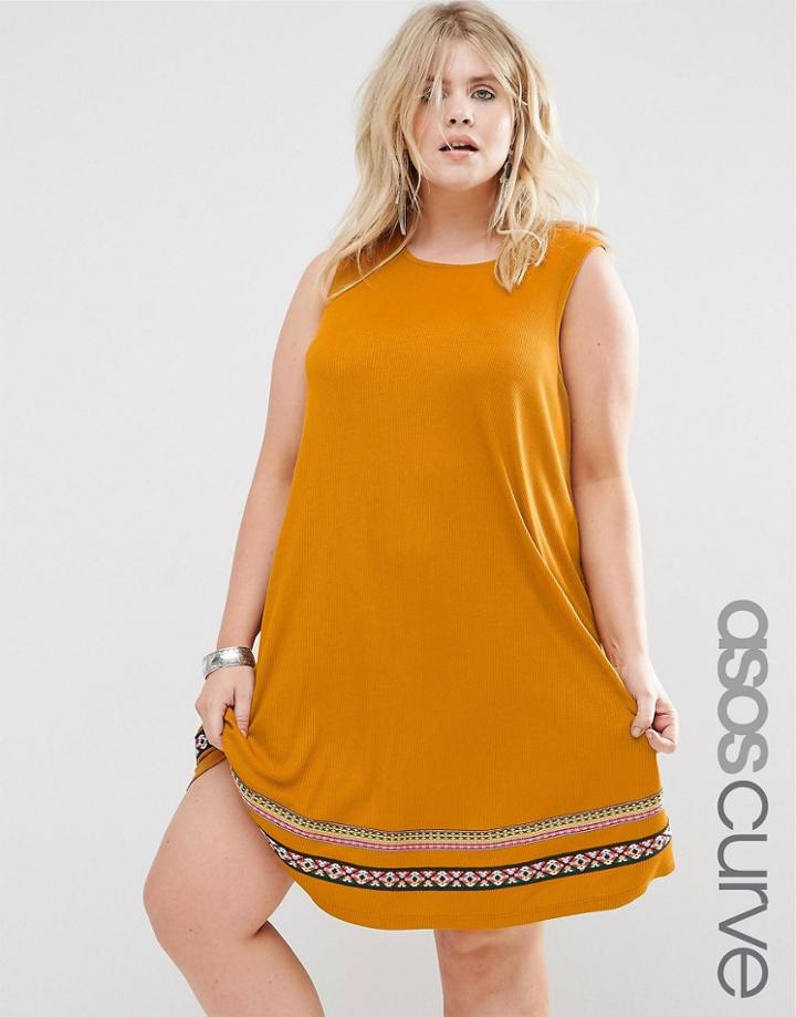 Asos Curve Rib Swing Sundress With Tape Trim - Rust
