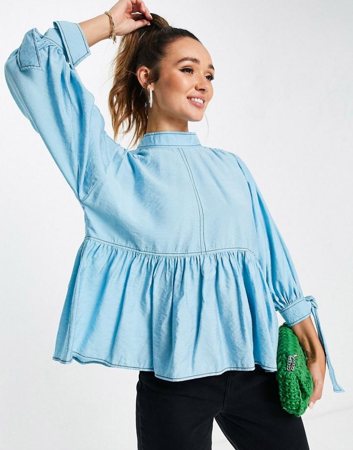 Asos Design High Neck Kimono Smock Top With Volume Sleeve And Contrast Stitching In Blue-blues
