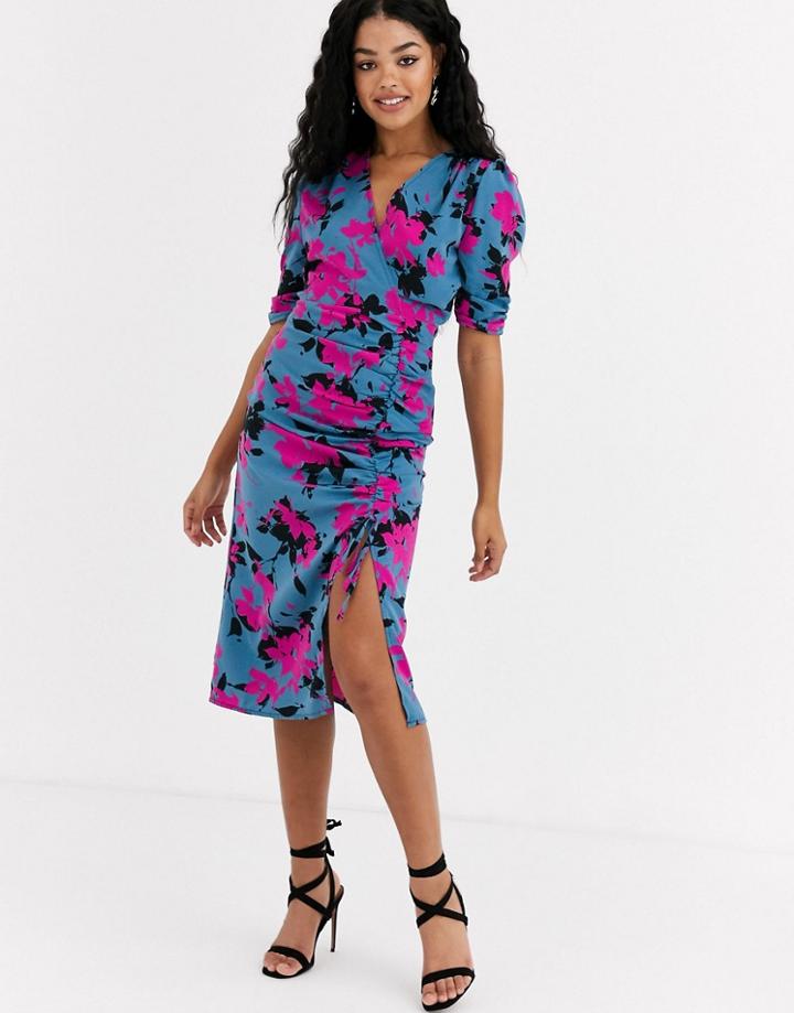 Outrageous Fortune Wrap Front Ruched Midi Dress In Contrast Floral Print-multi