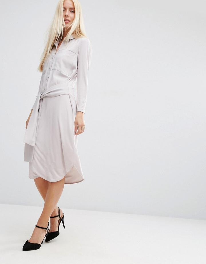 Asos Midi Shirt Dress With Tie Front - Gray