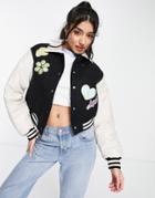 Asos Design Cropped Varsity Bomber Jacket In Black-blue