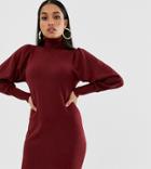 Asos Design Petite Roll Neck Mini Dress With Statement Sleeve In Recycled Blend - Red