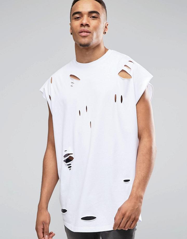 Asos Super Oversized T-shirt With Distressing And Curved Hem In White - Optic White