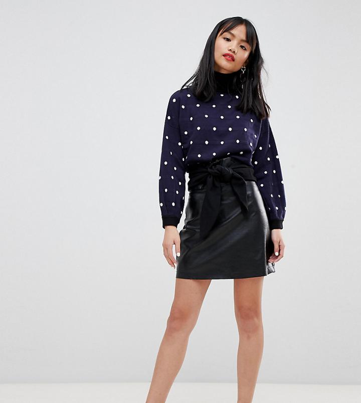 Lost Ink Petite Faux Leather Mini Skirt With Tie Waist - Black