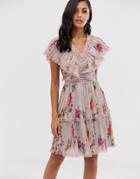 Lace & Beads Tiered Mini Dress In Soft Gray Floral Print