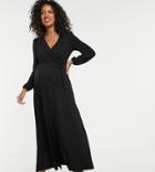 Asos Design Maternity Puff Sleeve Wrap Maxi Dress With High Split - Black