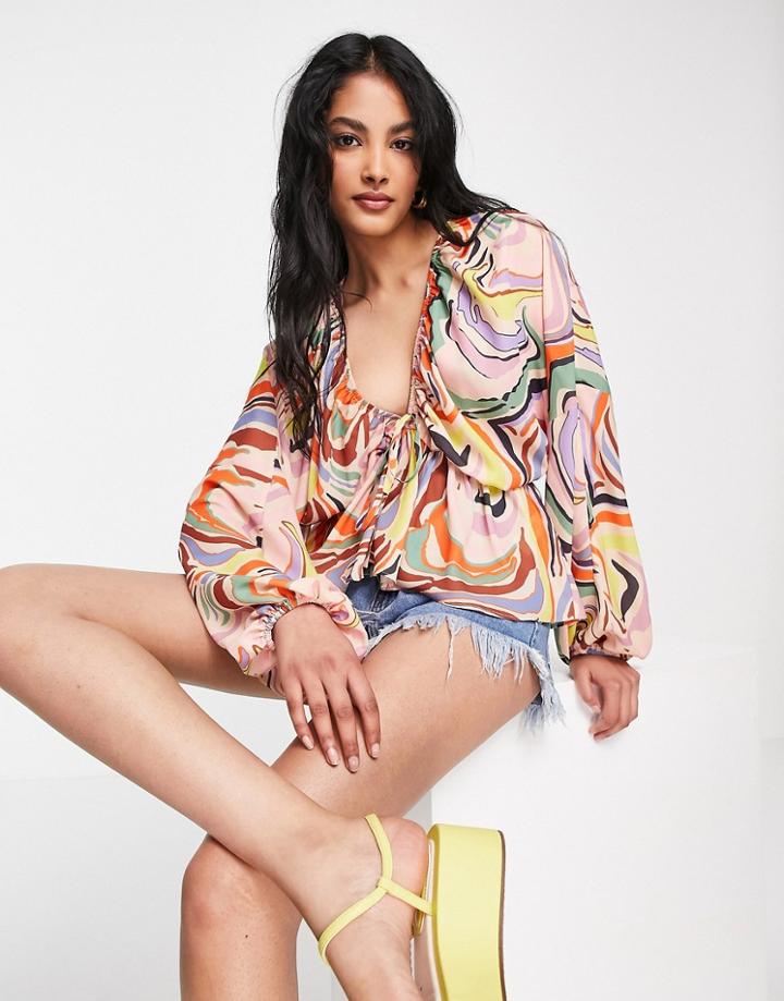 Asos Design Kimono Sleeve Top In Abstract Multi Zebra Print