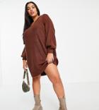 Threadbare Plus Adeline V Neck Sweater Dress In Chocolate Brown