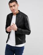 Solid Leather Jacket With Quilting - Black