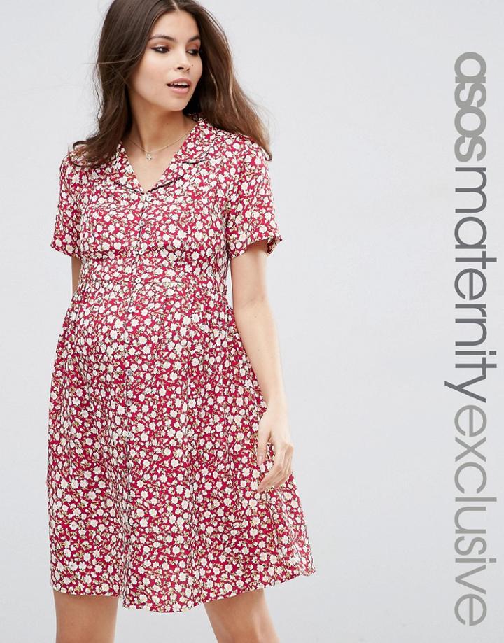 Asos Maternity Tea Dress In Red Floral - Multi