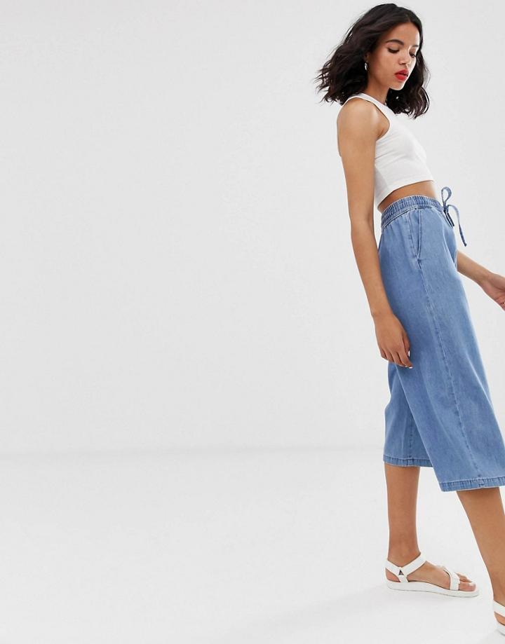 Monki Denim Culotte In Mid Blue - Blue