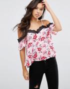 Asos Cold Shoulder Floral Cami Top With Lace Insert - Multi